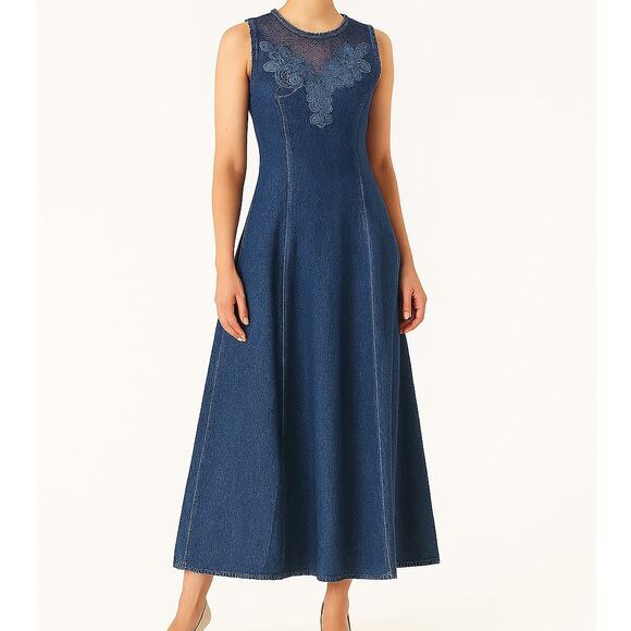 Vintage 90s Denim Maxi Dress Lace Neckline A-Line Tie Back Styleworks Sz 10 - Picture 1 of 16